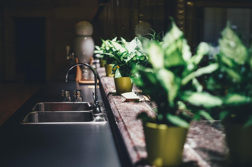 white vinegar spray bottle near kitchen sink
