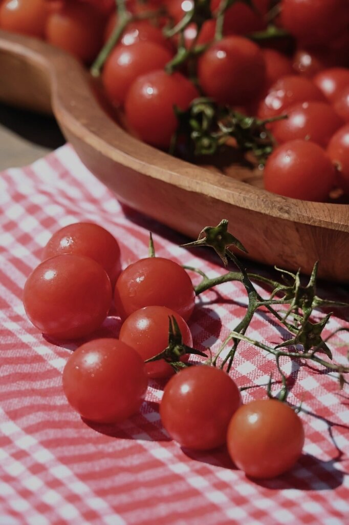 small cherry tomatoes ripening on balcony plant in summer
