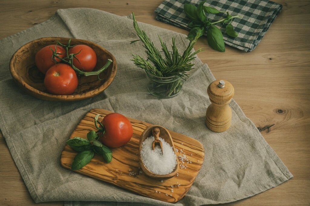 different types of kitchen sponges laid out on wooden table